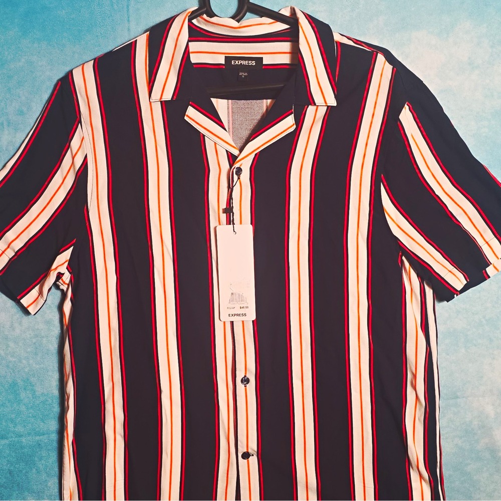Express Mens S Short Sleeve Striped Button Up Spread Collar Woven Poly Navy